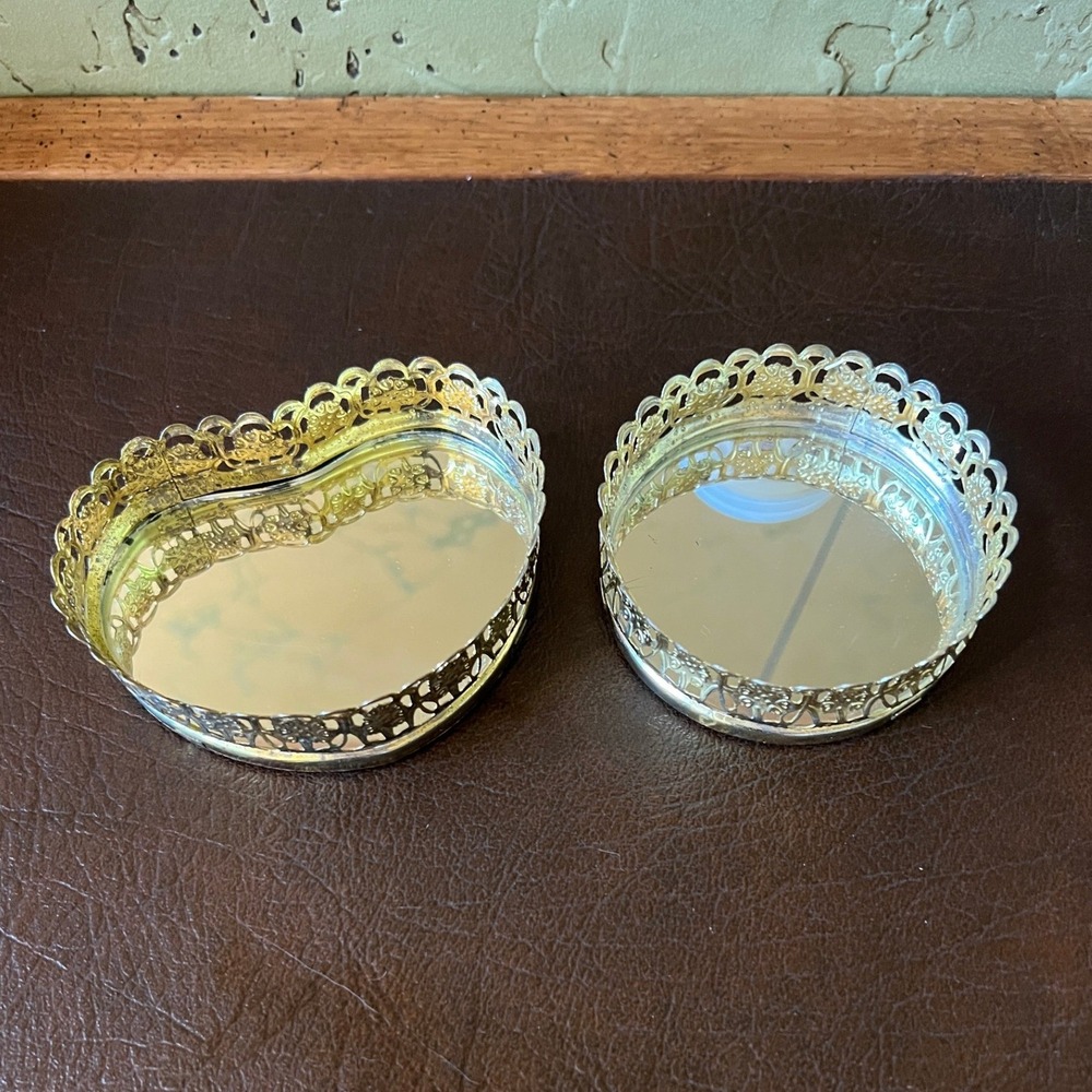 Vintage Gold Tone Mirrored Trinket Tray Hollywood Regency Cottage Chic Decor